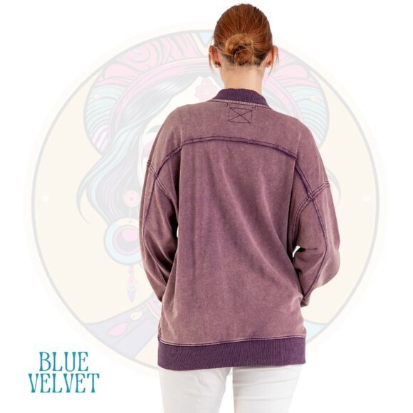 5V BLUE VELVET Washed Cotton Zip Up Jacket in Eggplant - Picture 2 of 2